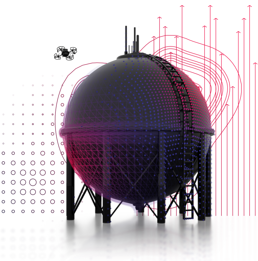 Rendered gas tank on a color gradient from signal red to dark blue, backed with implied graphs and covered with LIDAR dots and a grid. A drone hovers above it on the left.