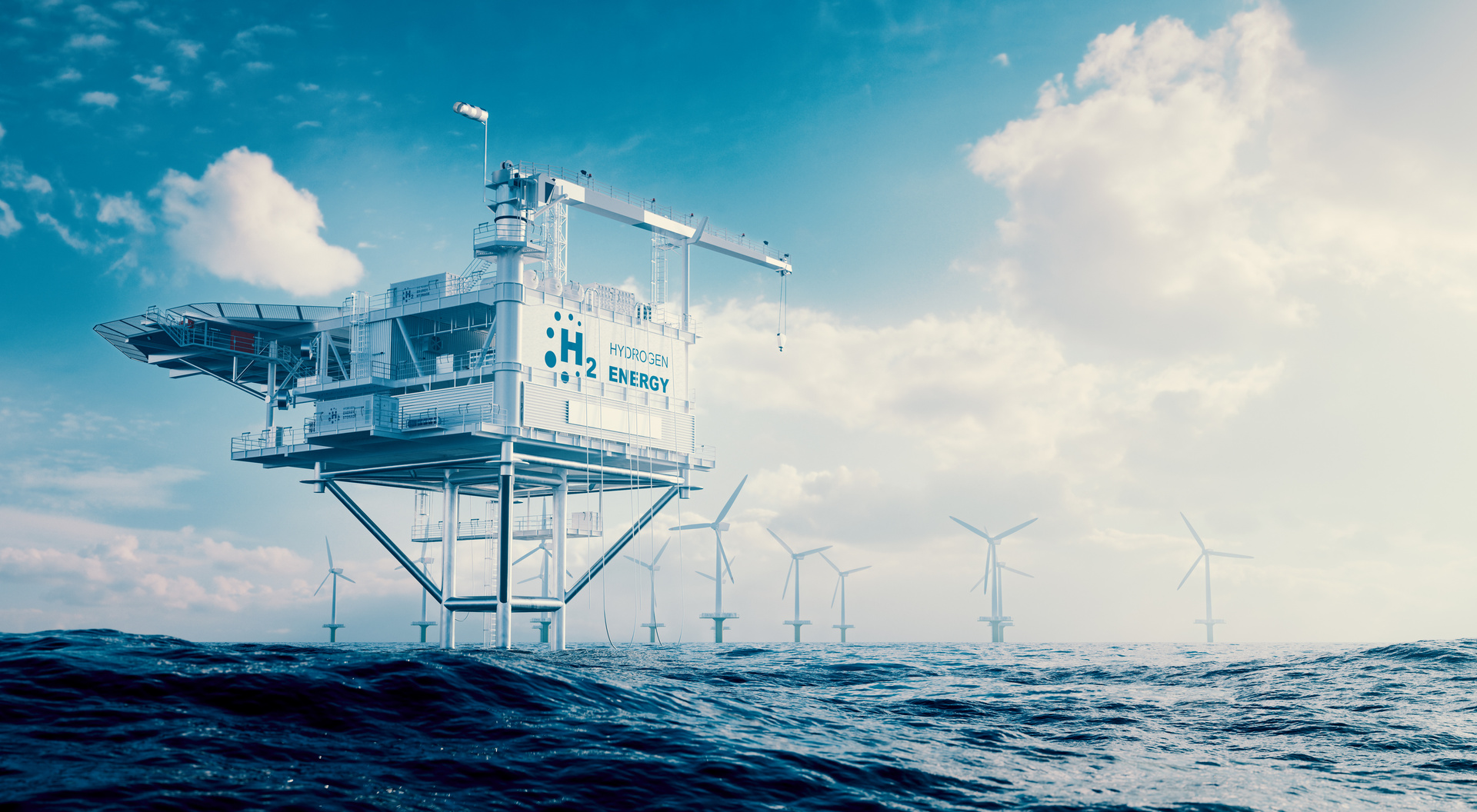 3d rendering of the concept of offshore hydrogen production through a hydrogen rig platform with an offshore wind turbine farm in the middle of the sea.