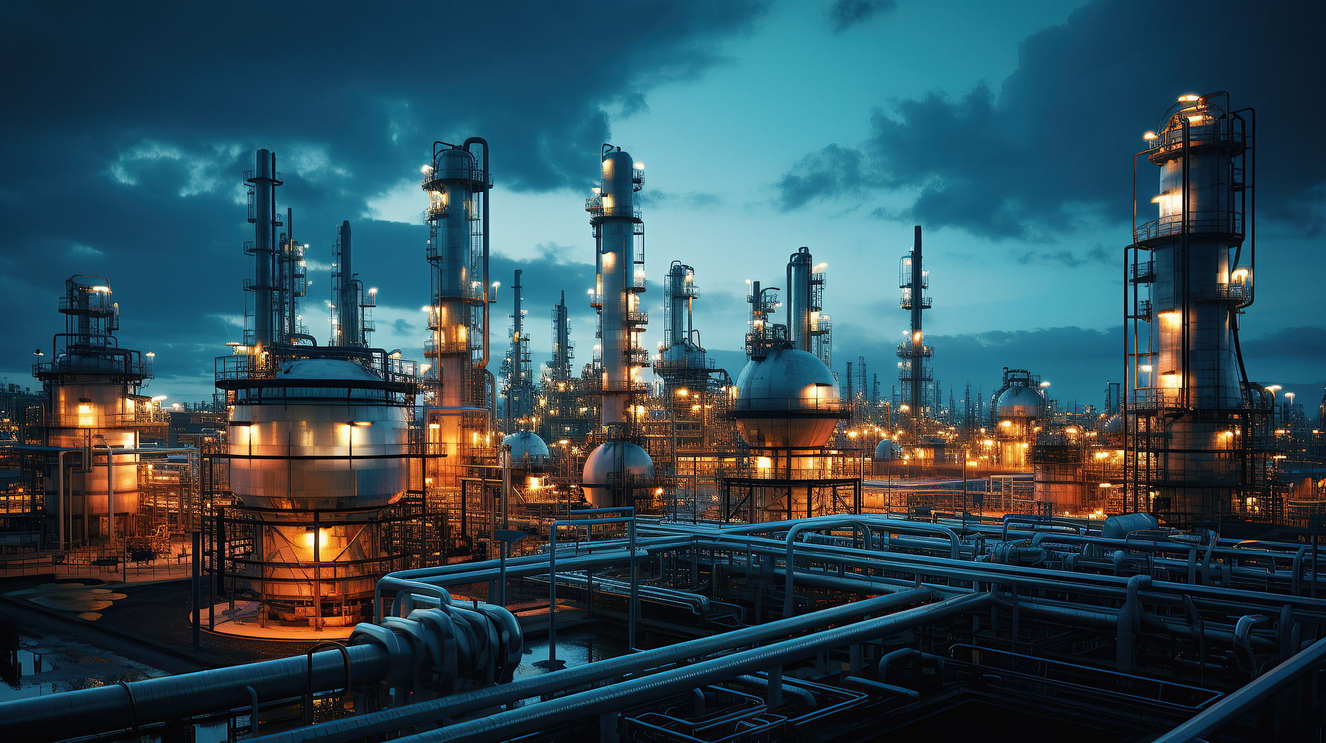 Aerial view of industrial oil plants illuminated at night.